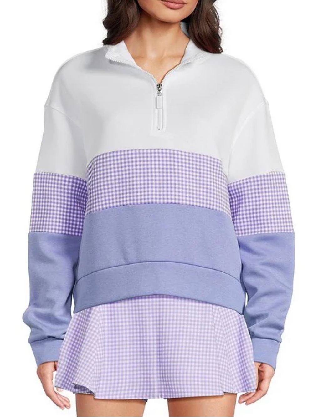 Addison Bay White and Lavender Gingham Quarter-Zip Pullover